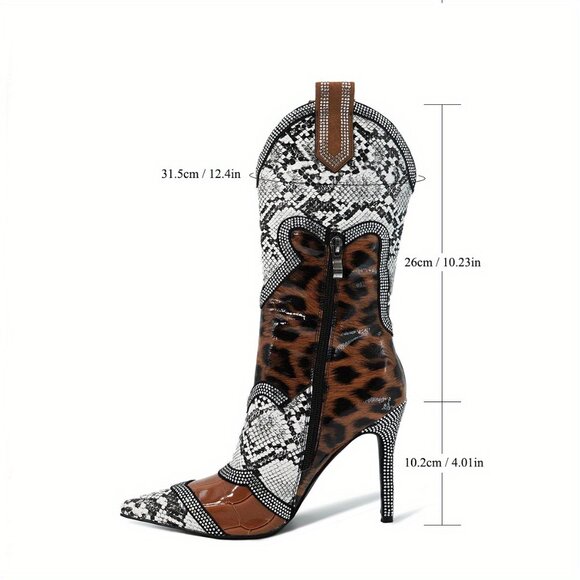 Women's slim high heels, color blocked rhinestones, winter midsole boots - Picture 7 of 7